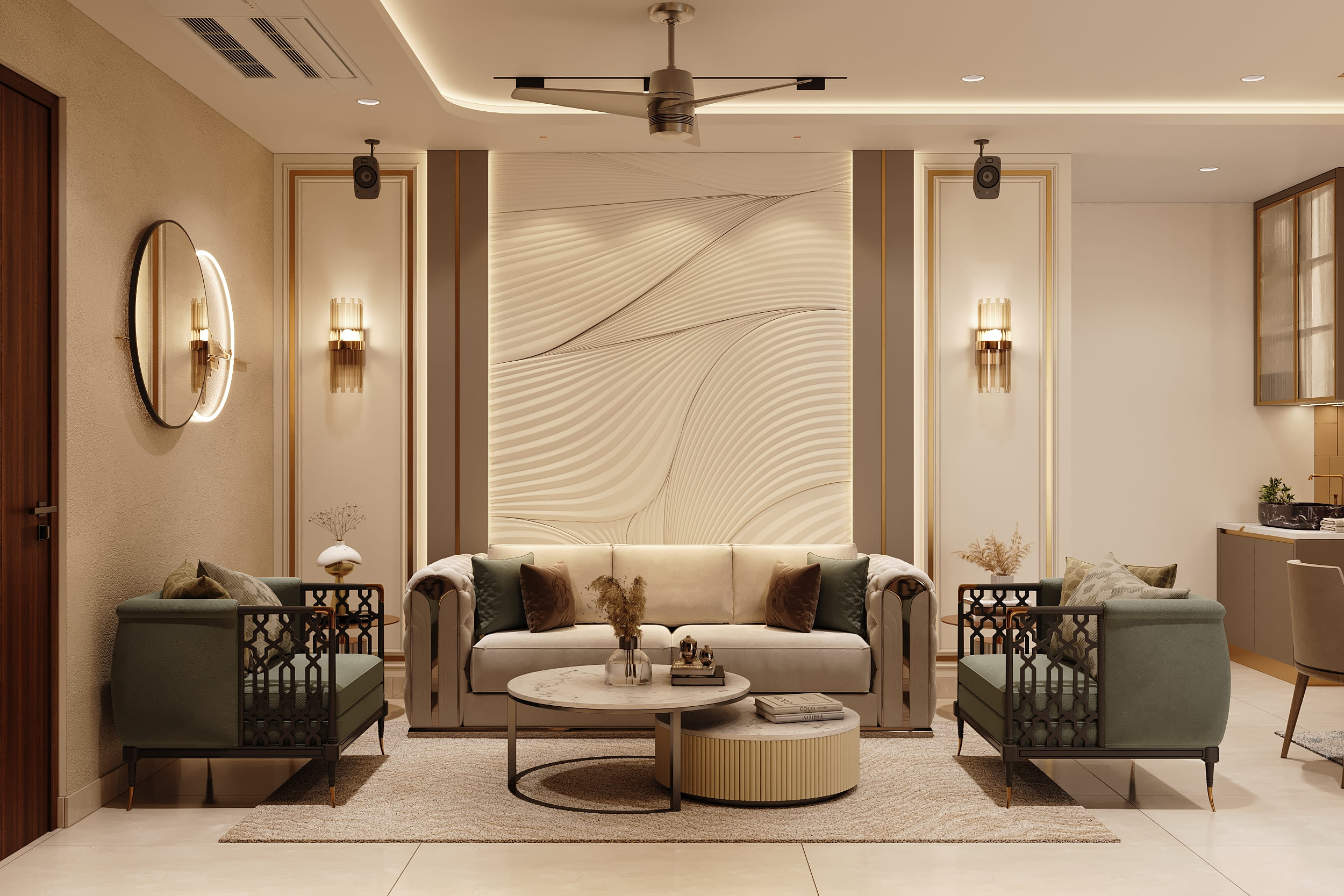 Warm Neutrals, Brass Accents and Carved Detail
