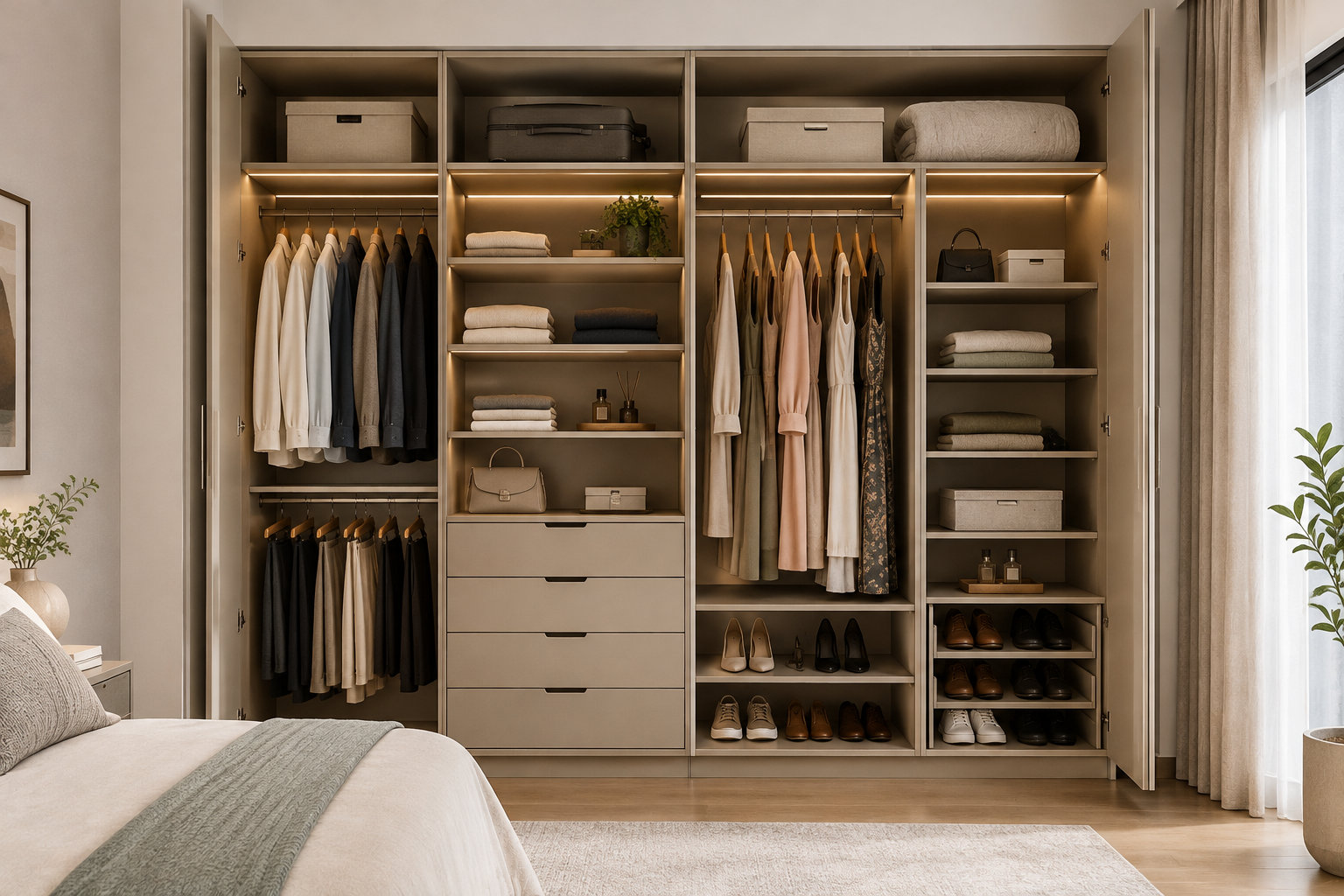 Modern bedroom wardrobe design featuring sliding and hinged wardrobe doors, with practical space-saving solutions for home interior design and luxury bedroom interiors in Hyderabad.